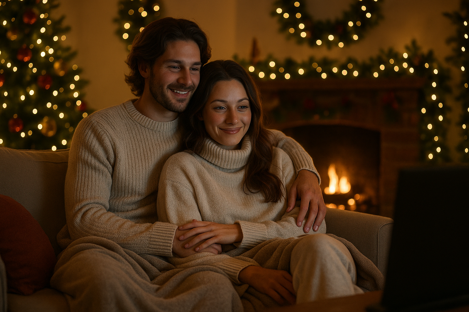 a couple in front of a movie, cuddled up in some winter/chrismass vibe, dressed hot but for inside